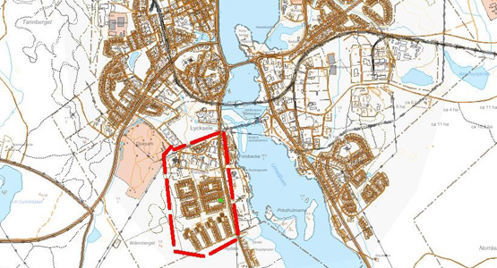 Karta över delar av Lycksele, Forsdalaområdet är inringat