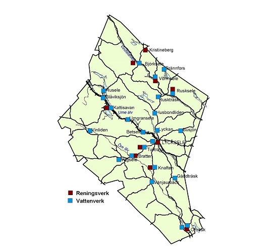 Kommunkarta med reningsverken markerade med röd punkt