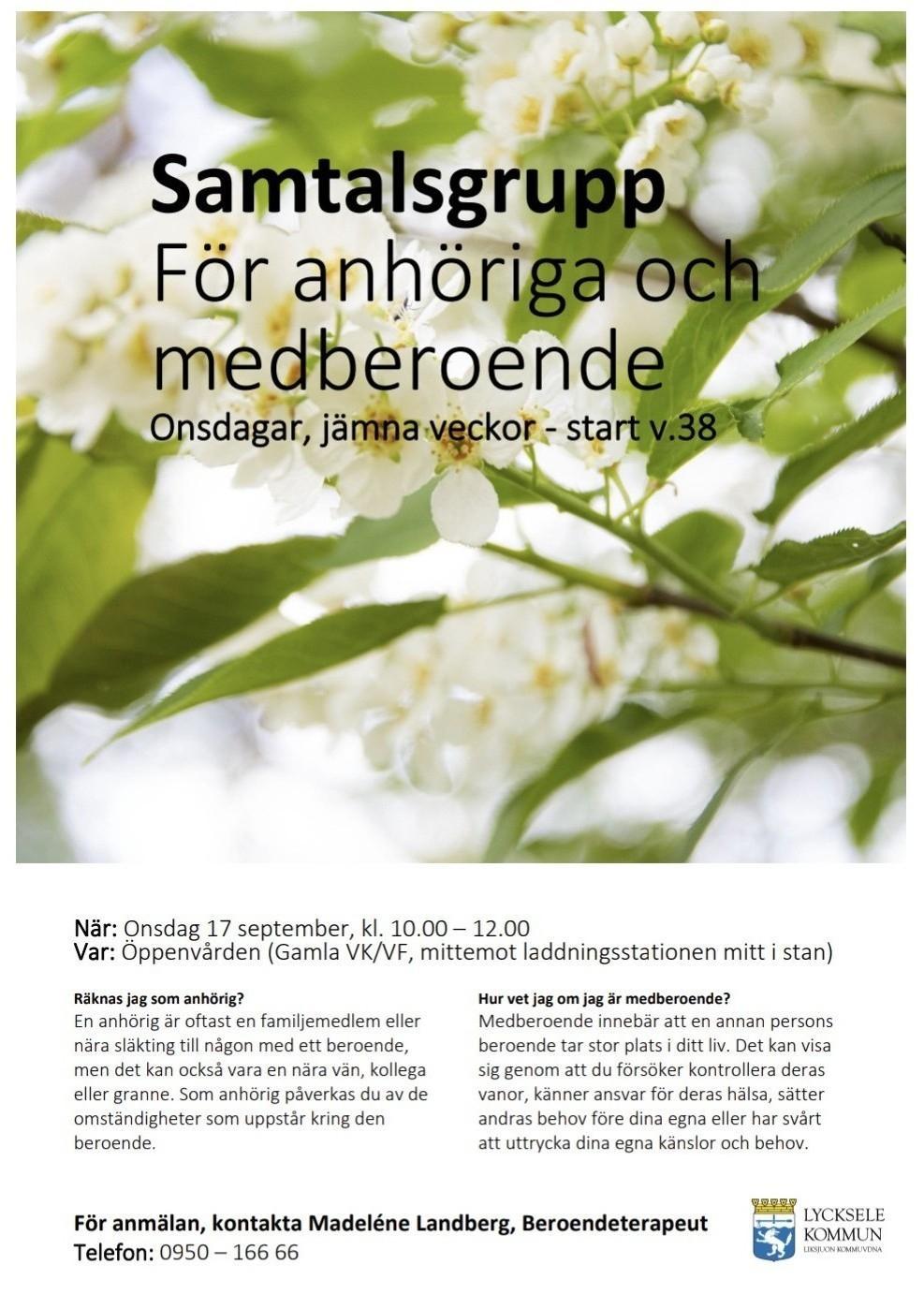 Bild som föreställer inbjudan till samtalgrupp för anhöriga och medberoende