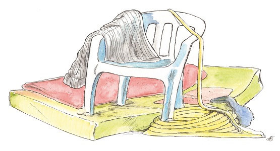 Tecknad bild av plaststol, madrass med mera