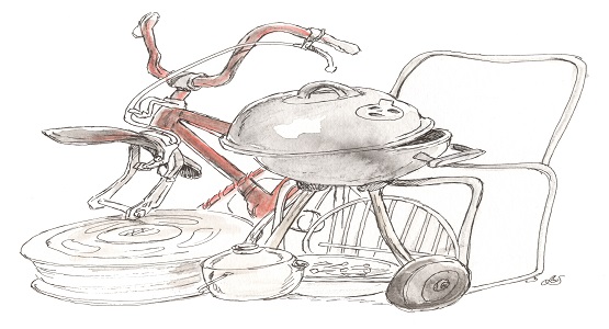 Tecknad bild på uttjänt cykel, grill, snöskotta osv