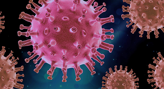 Symbolisk bild på coronavirus, rosafärgad virus
