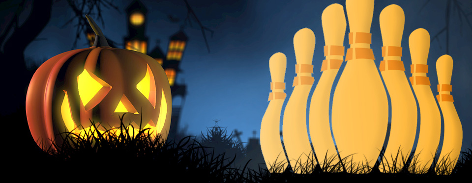 Bild på halloweenpumpa och bowlingkäglor