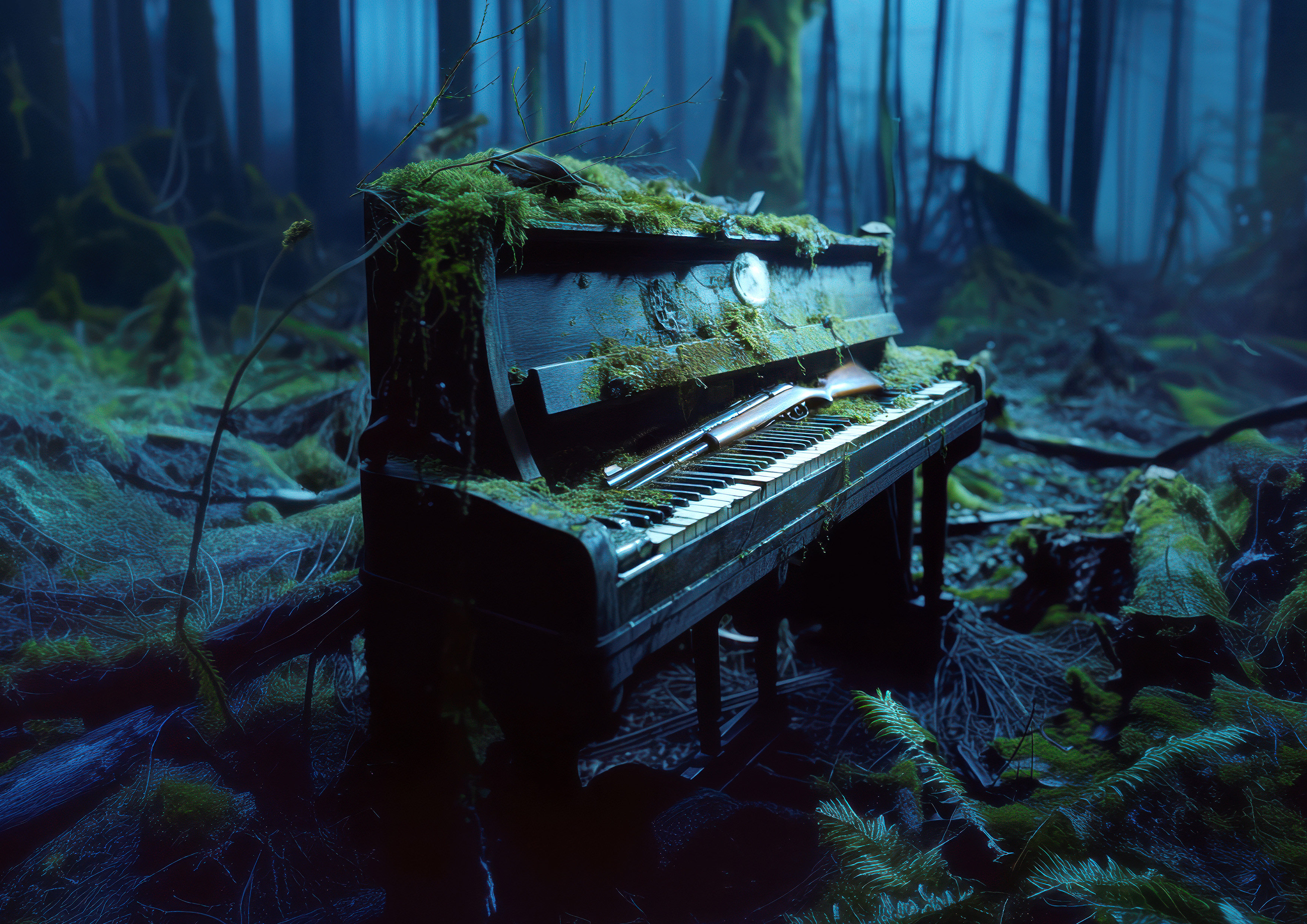 Bild på ett piano i en skog som är mörk och kufisk