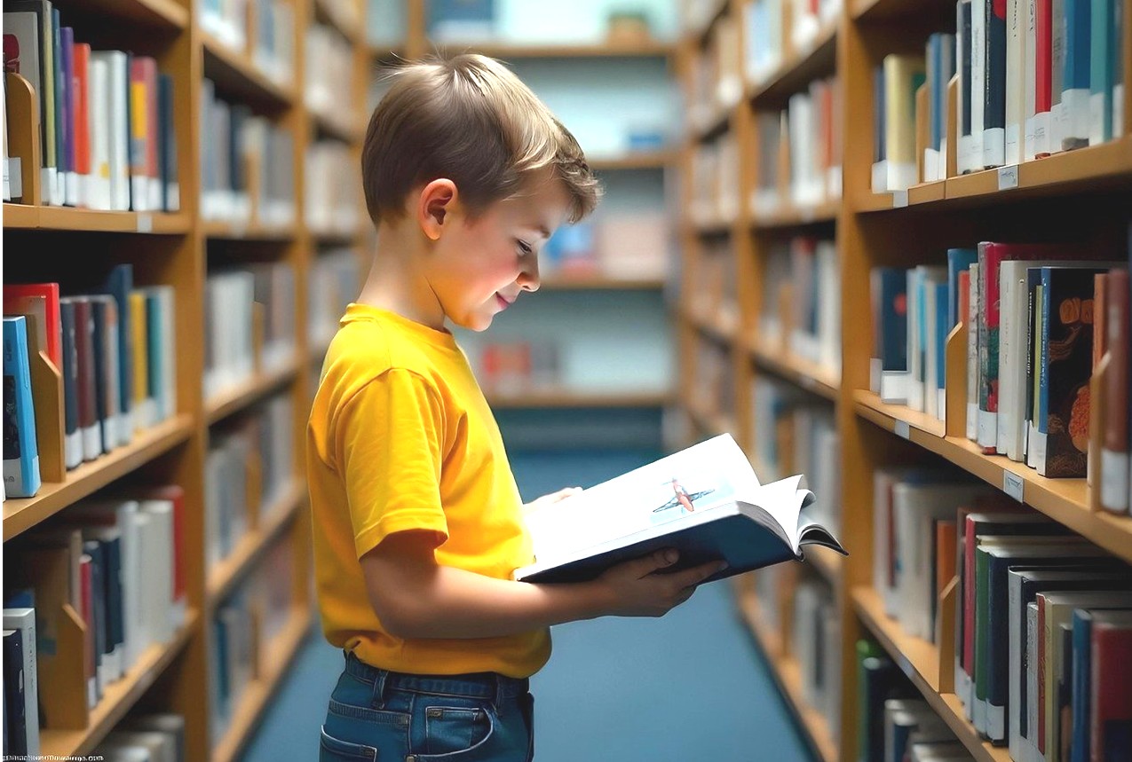 Bild på barn som står och läser bok mellan bokraderna i ett bibliotek
