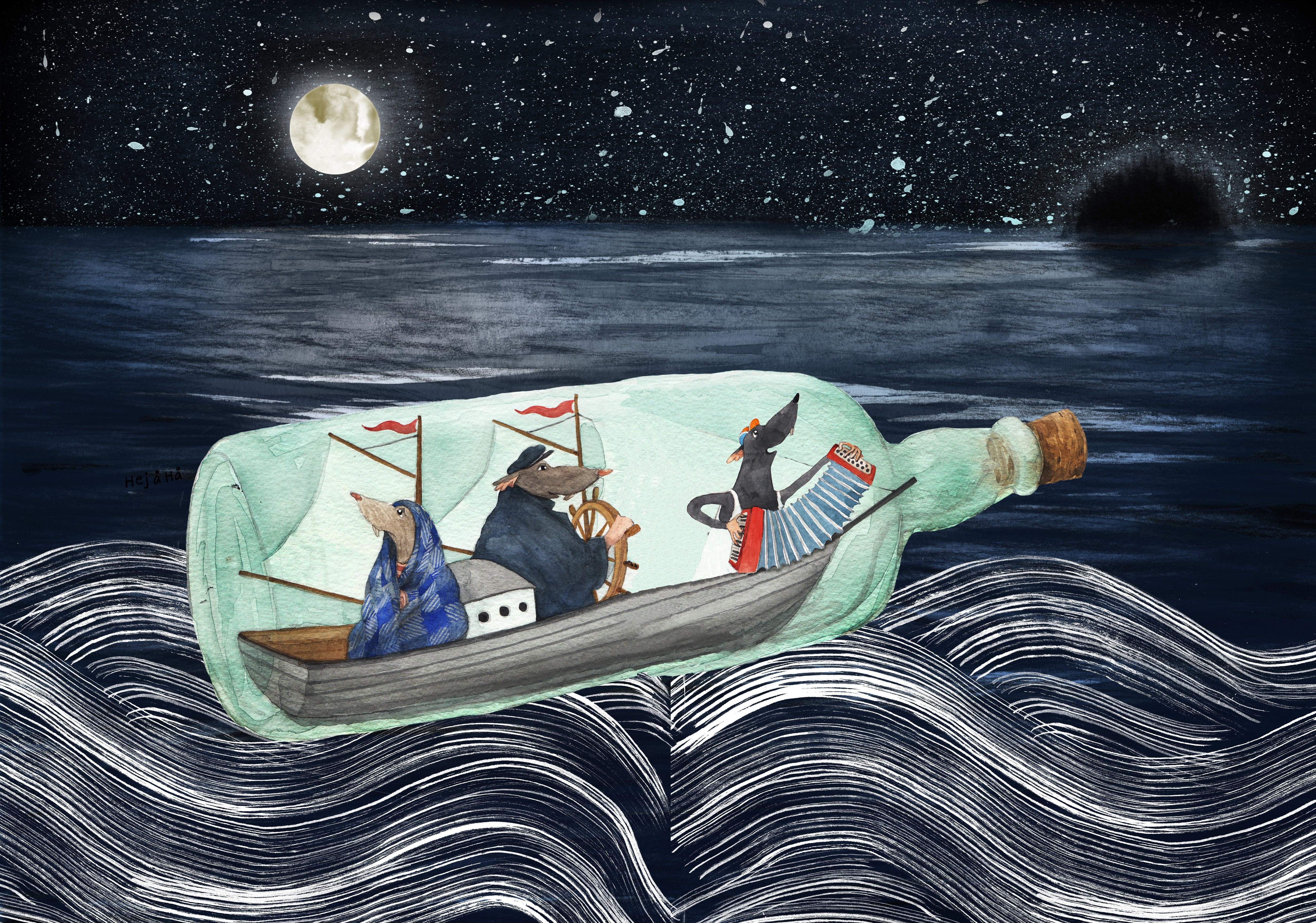 Illustration av flaskpost med figurer i som åker på det mörka vattnet i månens sken