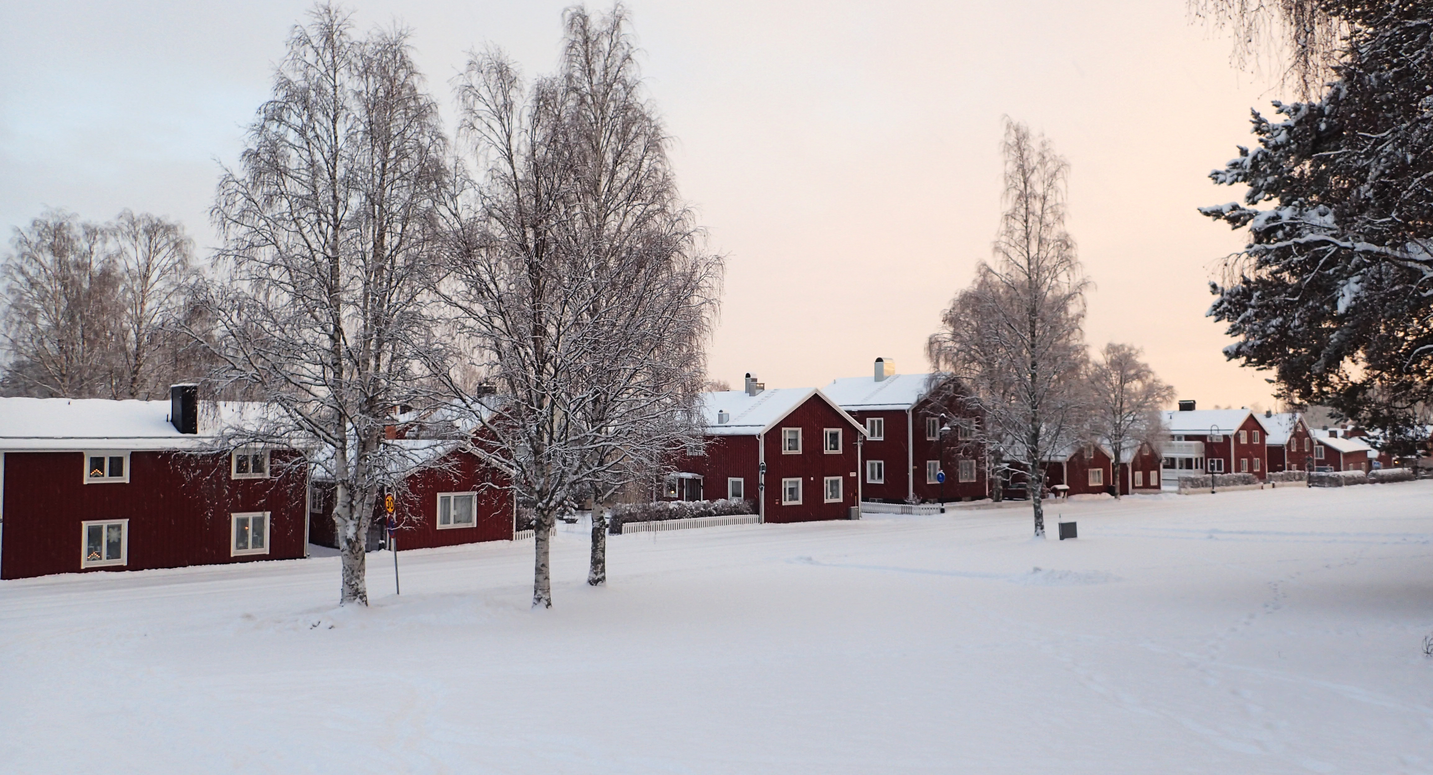 Bild från hamnen i Lycksele, vintertid med röda hus