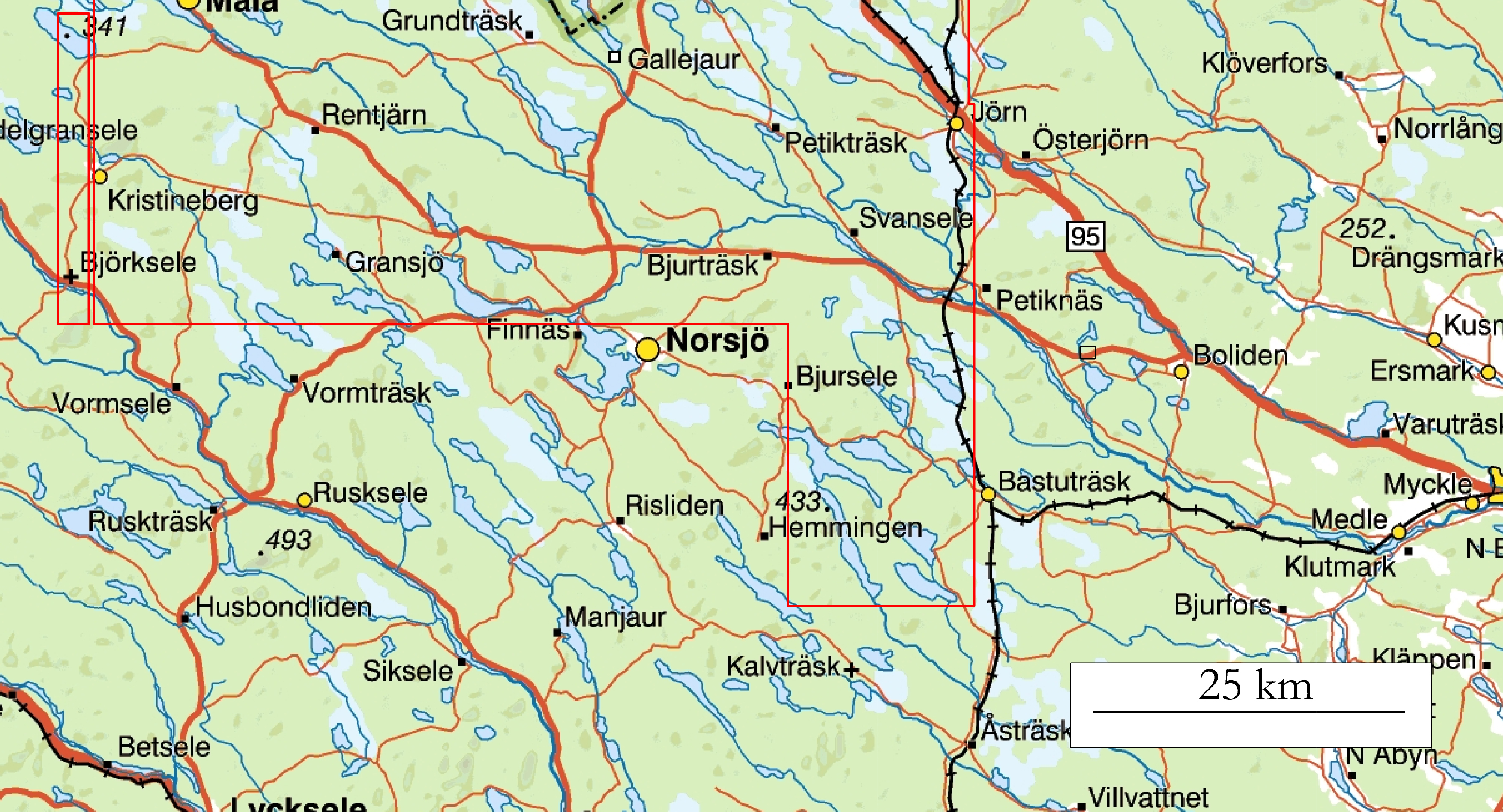 Karta över området där de flyger. Bland annat Kristineberg och Rusksele