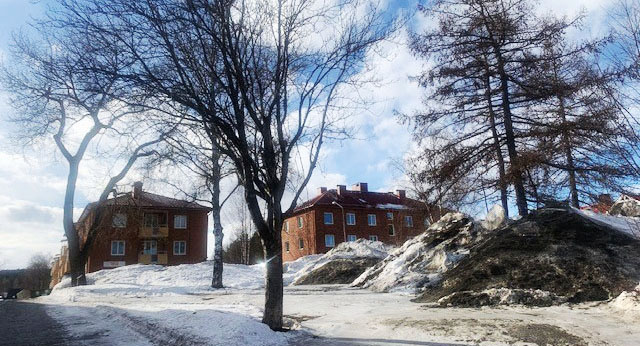 Bild på park med snöhögar och träd och ett hyreshus bakom. 