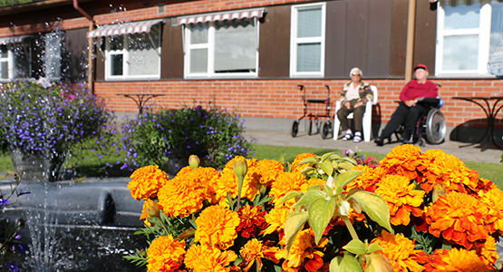 bild på innergård Skyttens äldreboende med blomma i förgrund och suddade kvinnor i bakgrunden