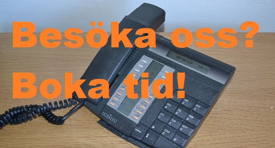 Foto av en telefon, text boka tid