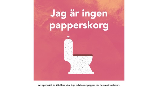 Tecknad toalettstol. Text Jag är ingen papperskorg