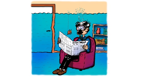 Tecknad bild där en man sitter i fåtölj helt under vatten